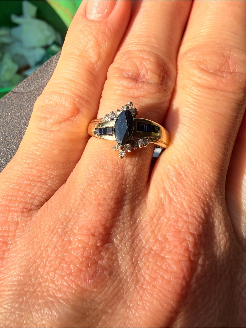 Vintage Zales 10K Yellow Gold Marquise
Sapphire & Diamond Bypass Ring 4g Sz 7